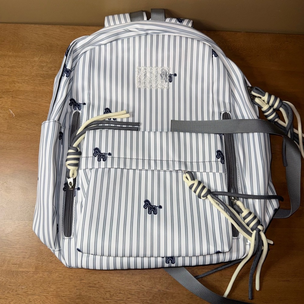 Seahorse Striped Canvas Backpack White Navy Blue Nautical Embroidered School Bag